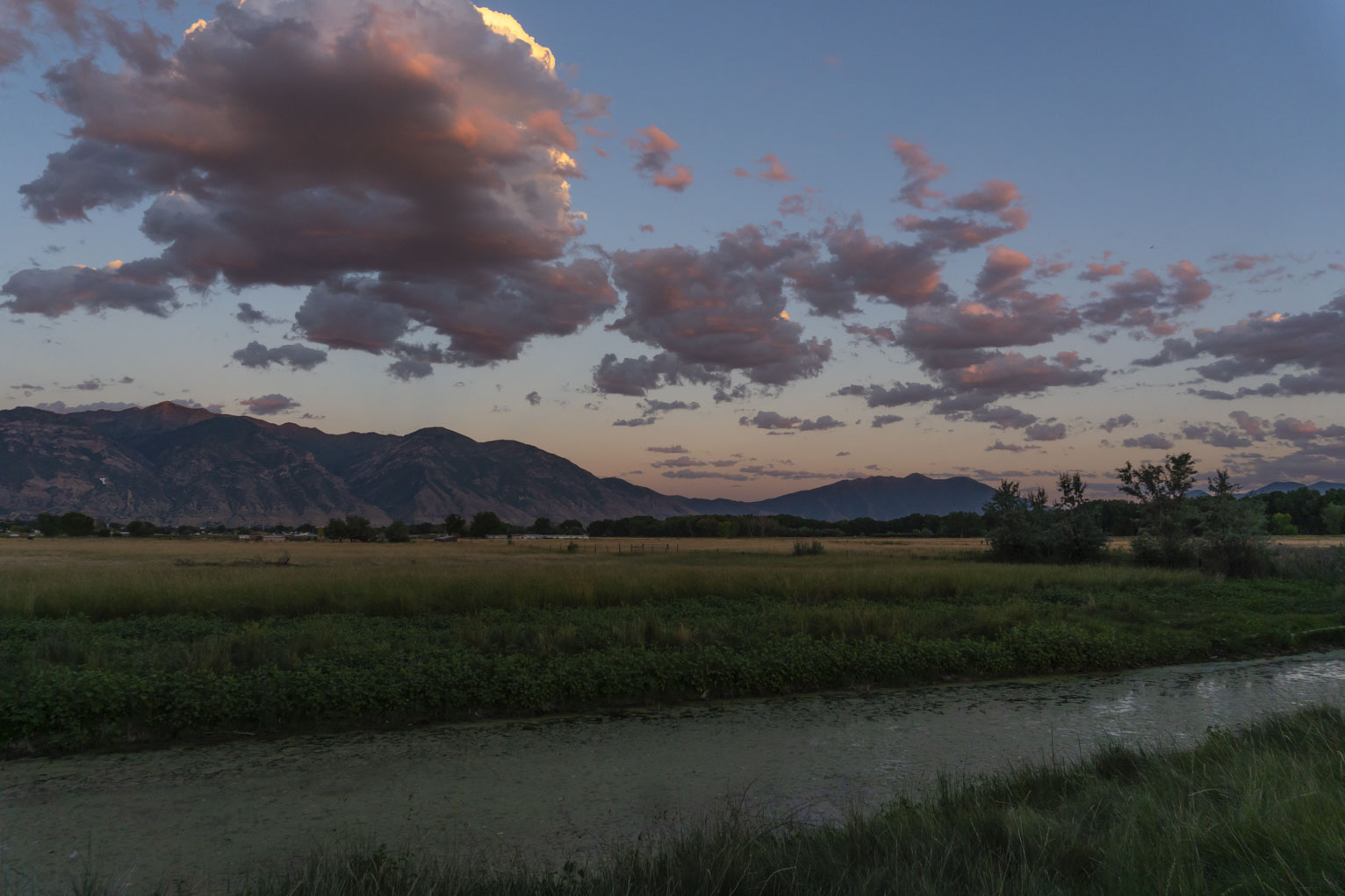 Over to the east rosy clouds above the green river and the fields beyond